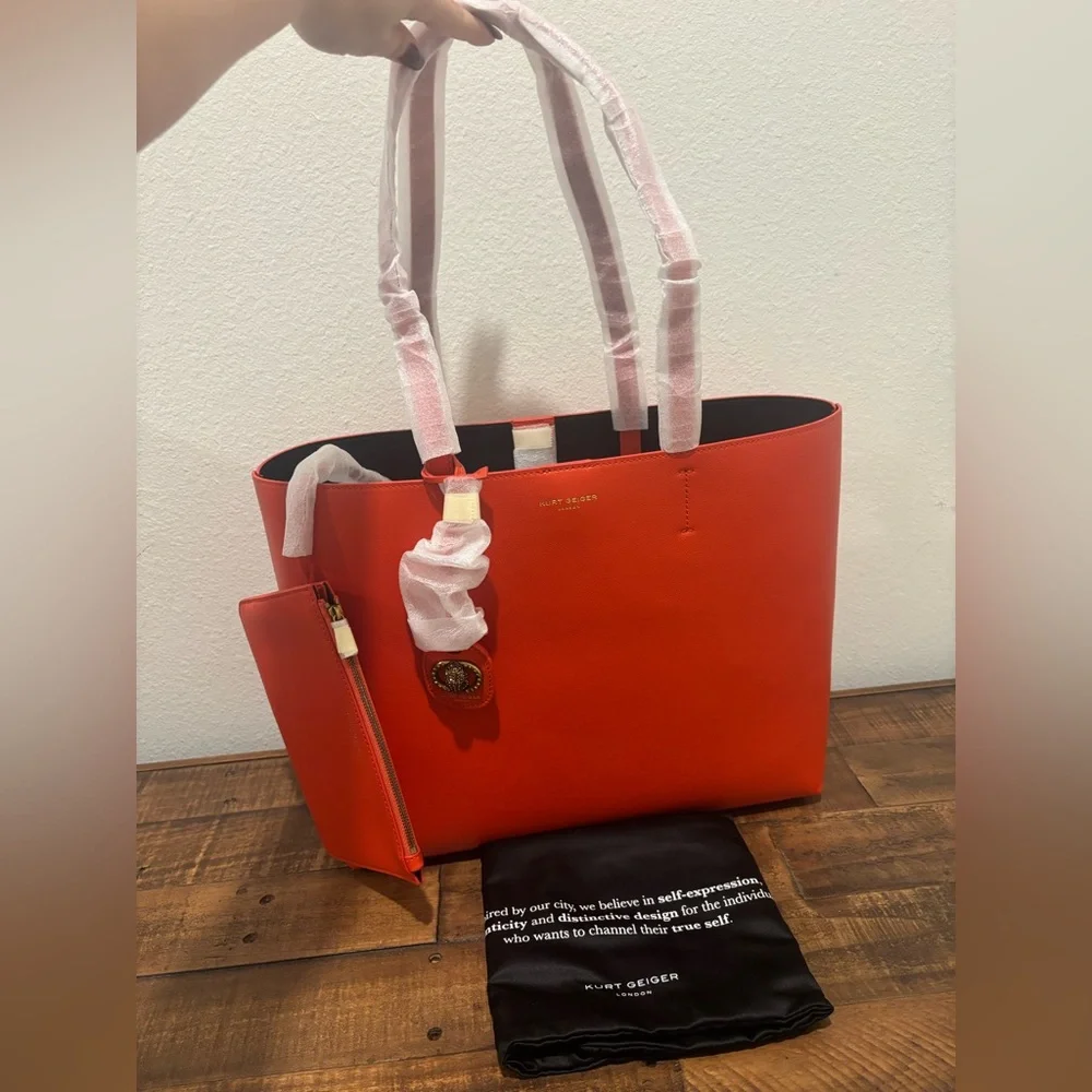 Kurt Geiger Vibrant Orange Tote with Matching Pouch - Picture 4 of 12